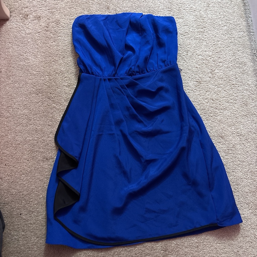 Size 2 blue silky strapless dress with black trim #strapless #dress